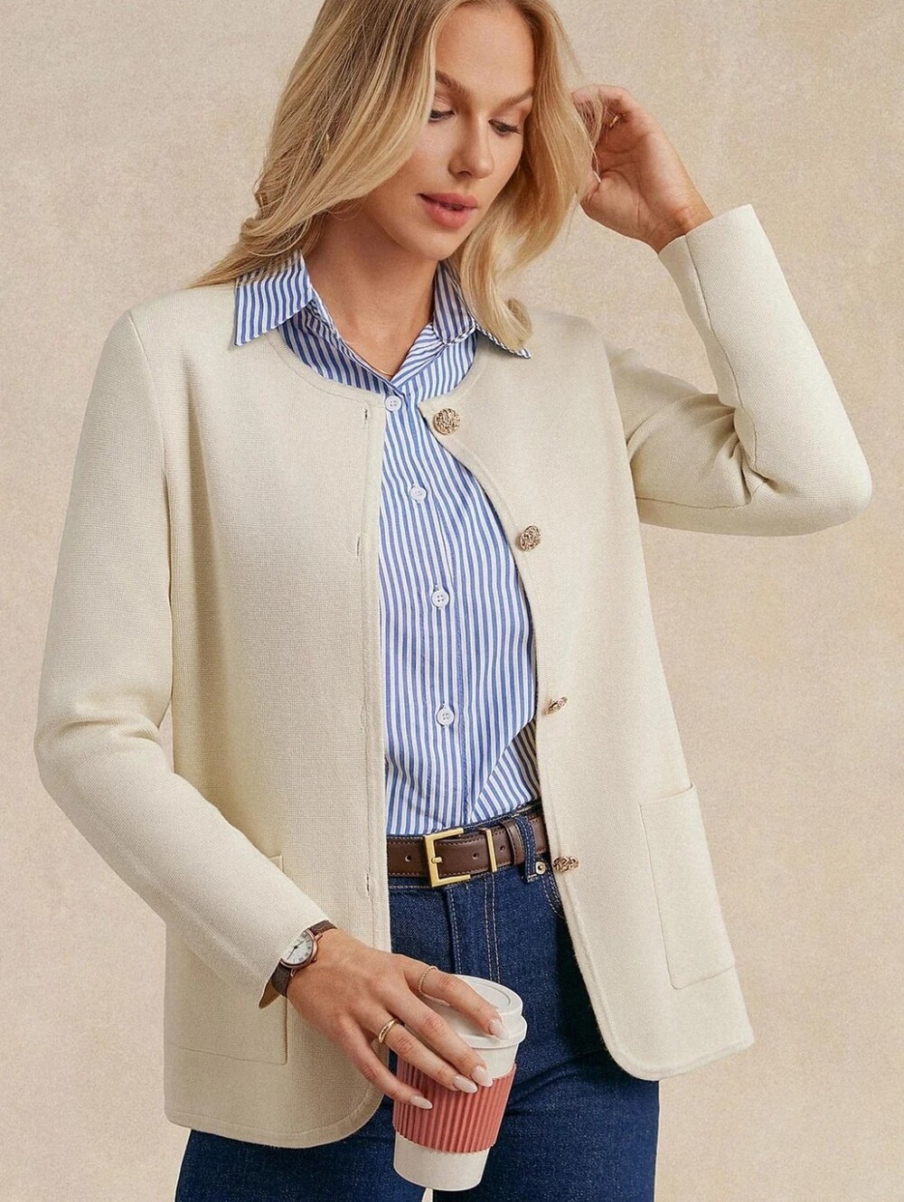 Grace Karin Cream Round-Neck Button Front Cardigan/ BNWT - Picture 2 of 8